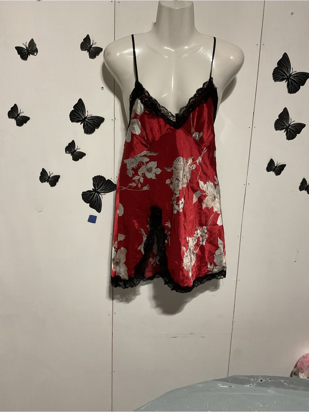 Red Floral Satin Chemise with Black Lace Trim